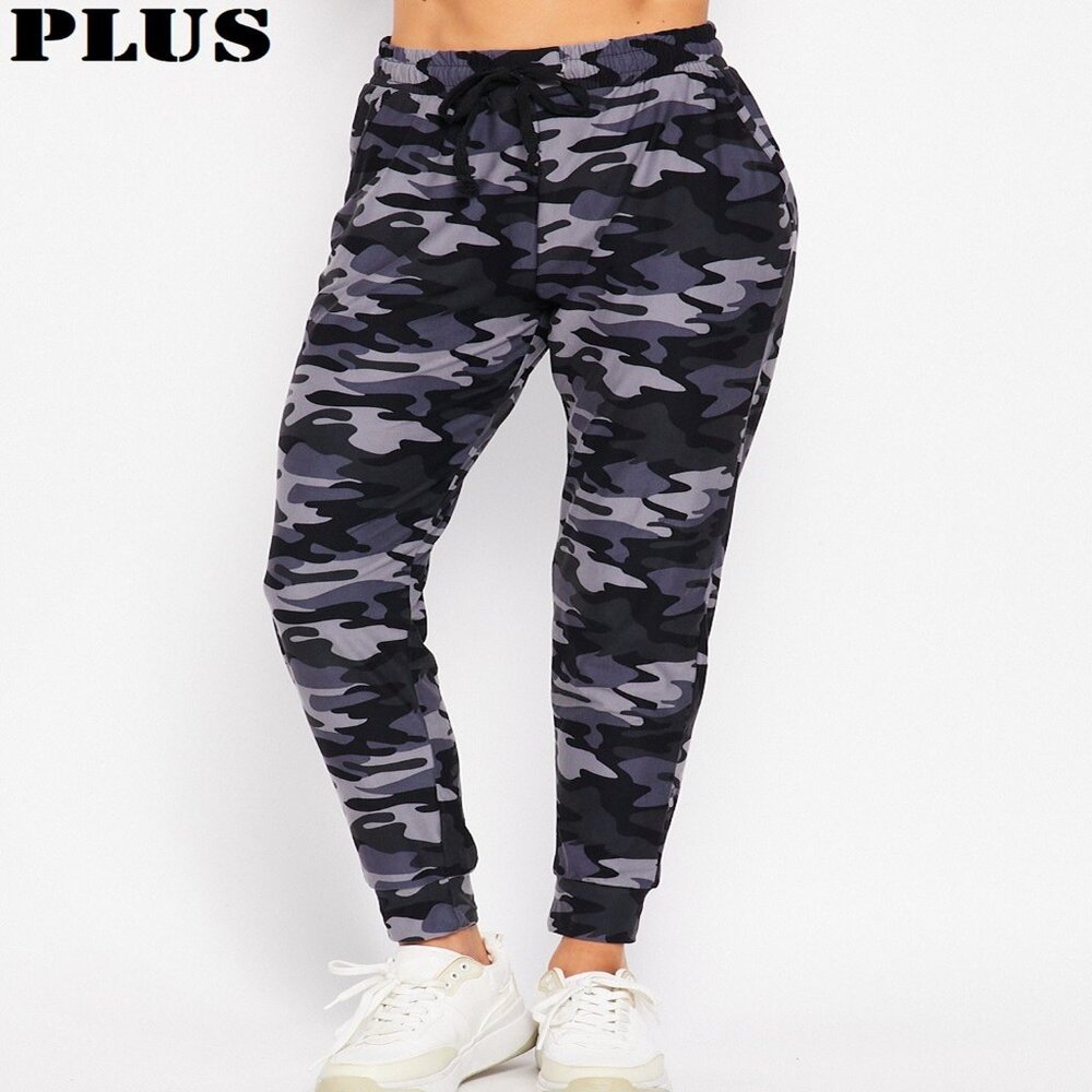 Women's Plus Grey Camo Print Drawstring Joggers Pockets Poly/Spandex 1X-3X